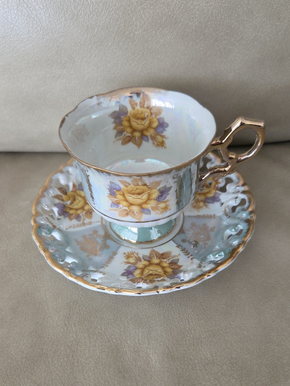 Shafford Japan Yellow Rose Porcelain Teacup and Saucer Set with Gold Trim